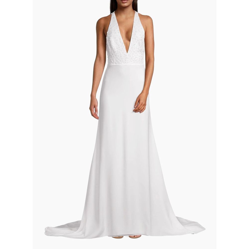NWT Sachin & Babi Plunge Embellished Sleeveless Gabriella Gown Off White Size 8